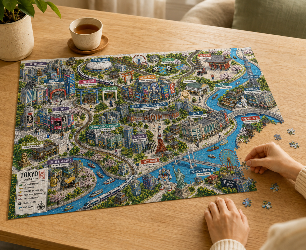 Hands assembling a Tokyo map puzzle on a wooden table beside a cup of tea.