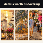 Amalfi Coast Sunset puzzle: three-panel collage of coastal scene details