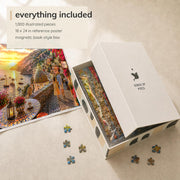 Amalfi Coast Sunset puzzle: open box, loose pieces and reference poster