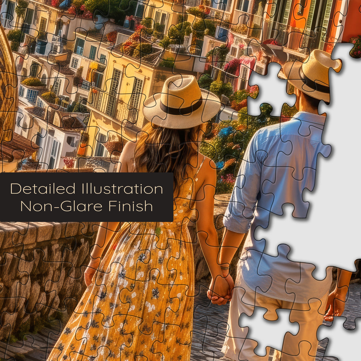 Amalfi Coast Sunset puzzle: couple and hillside buildings close-up