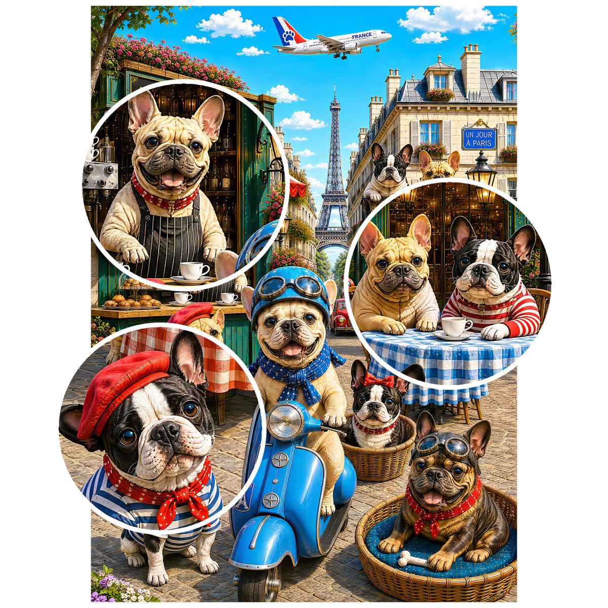 French Bulldog Paris Cafe Blue Scooter puzzle: detail collage of French bulldogs