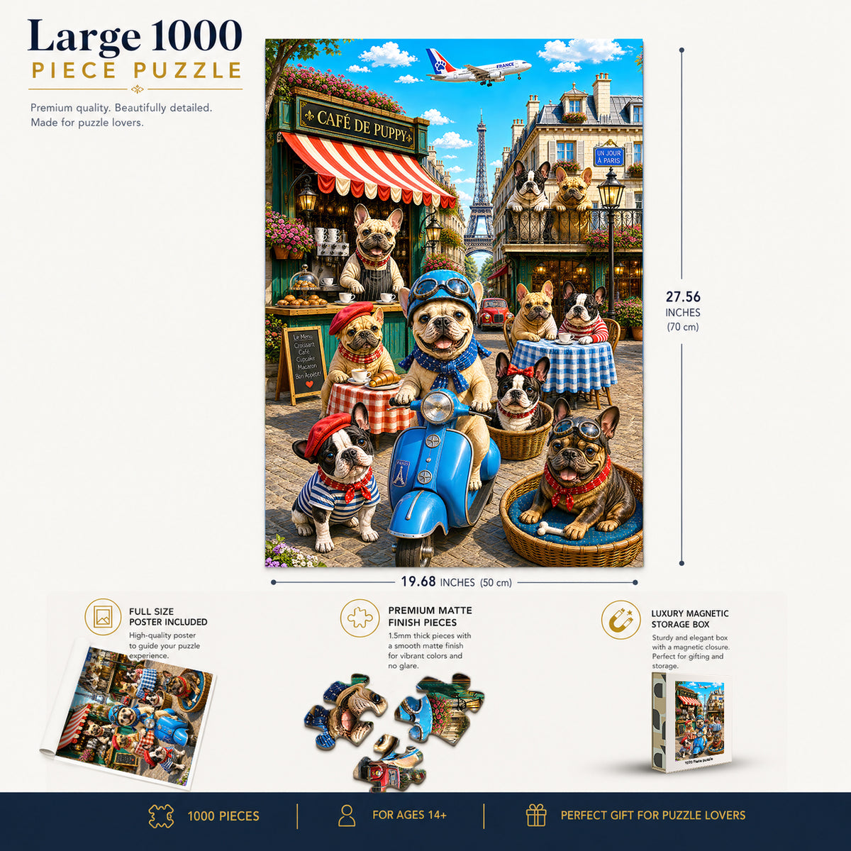 French Bulldog Paris Cafe Blue Scooter puzzle: finished-size and product-feature diagram