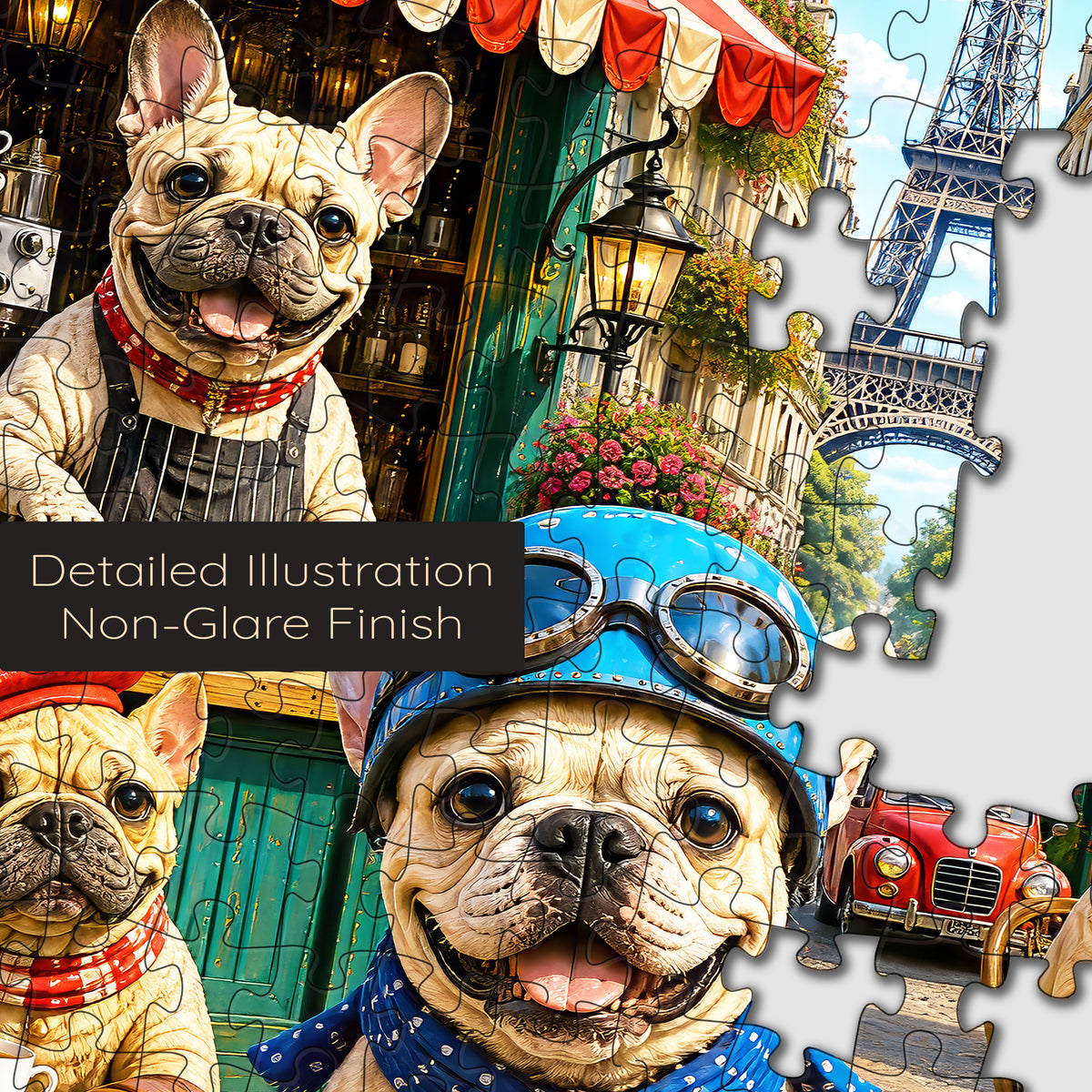 French Bulldog Paris Cafe Blue Scooter puzzle: dog wearing blue helmet and interlocking pieces close-up