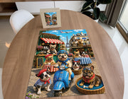 French Bulldog Paris Cafe Blue Scooter puzzle: completed puzzle on a wooden table beside its box