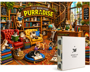 Cat Bookstore puzzle: cats among books and chairs beside puzzle box