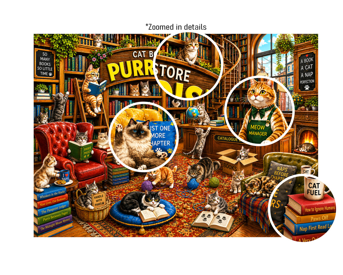 Cat Bookstore puzzle: collage of cats and bookshop details
