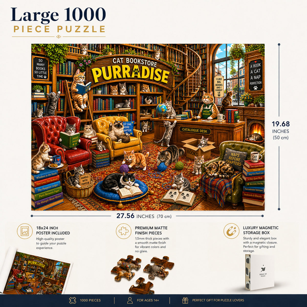 Cat Bookstore puzzle: finished-size and product-feature diagram