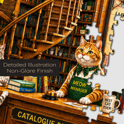 Cat Bookstore puzzle: cat at counter and spiral staircase close-up