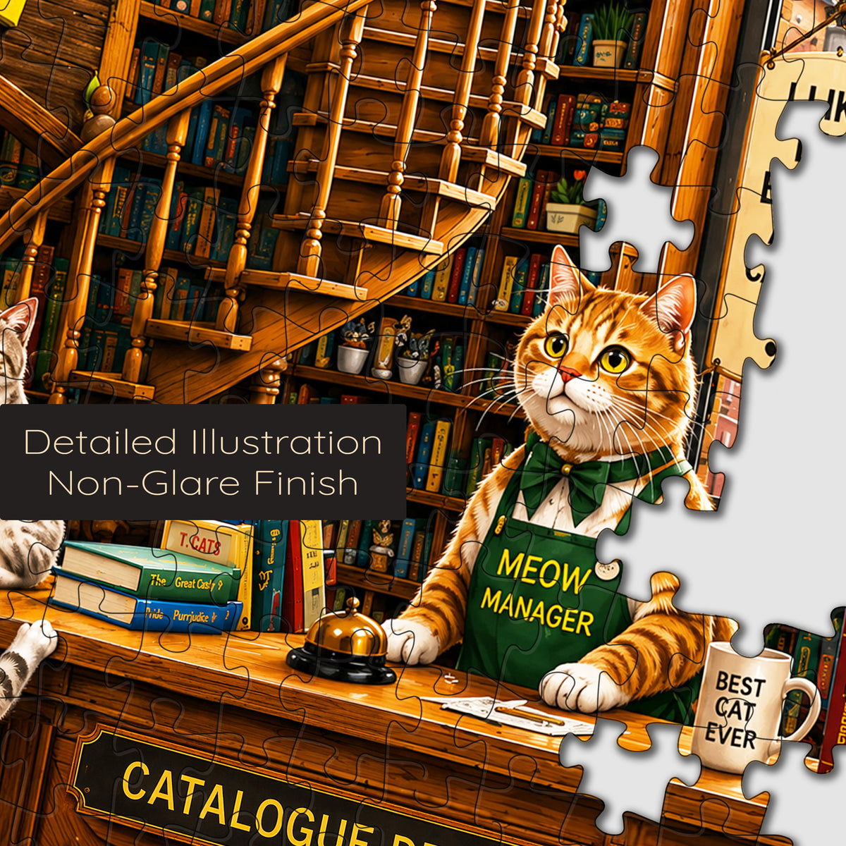 Cat Bookstore puzzle: cat at counter and spiral staircase close-up