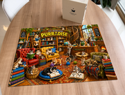 Cat Bookstore puzzle: completed puzzle on wooden table beside its box