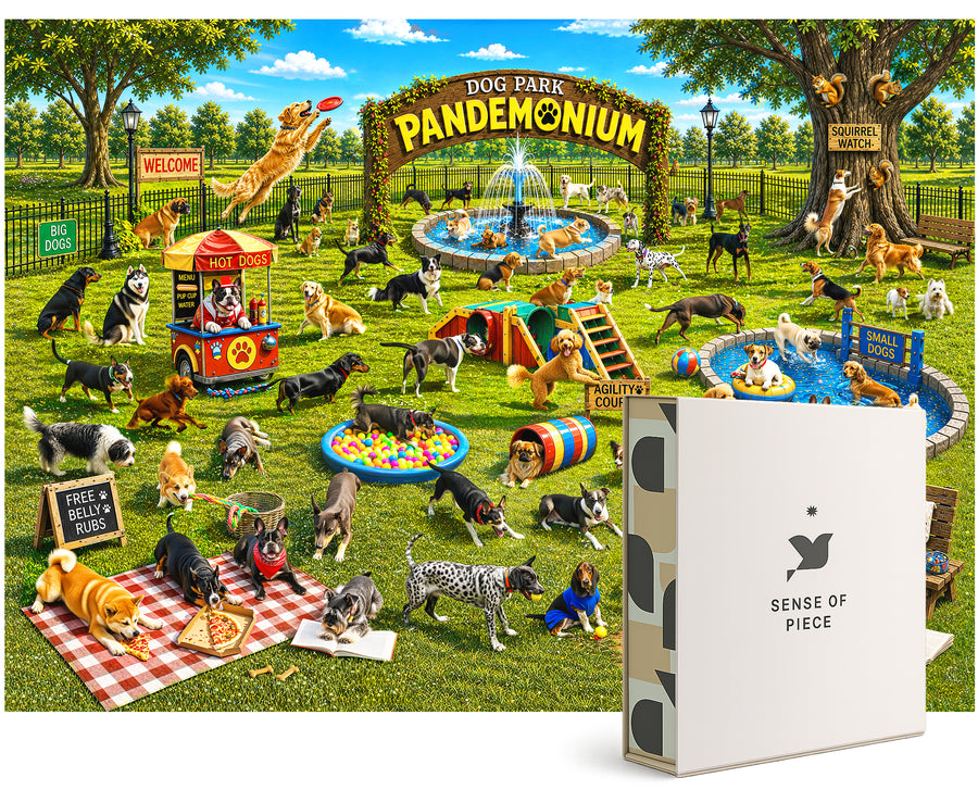 Dog Park Pandemonium 1000 Piece Jigsaw Puzzle for Adults - Funny Busy Dog Park Scene with Dozens of Dogs, Colorful Premium Family Puzzle, 50 x 70 cm