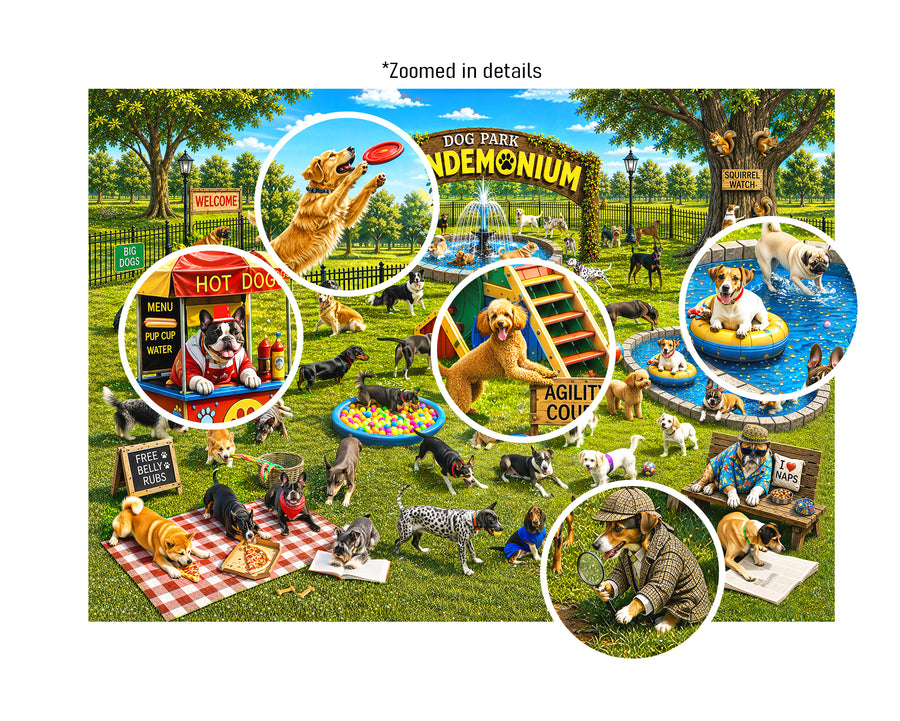 Dog Park Pandemonium 1000 Piece Jigsaw Puzzle for Adults - Funny Busy Dog Park Scene with Dozens of Dogs, Colorful Premium Family Puzzle, 50 x 70 cm