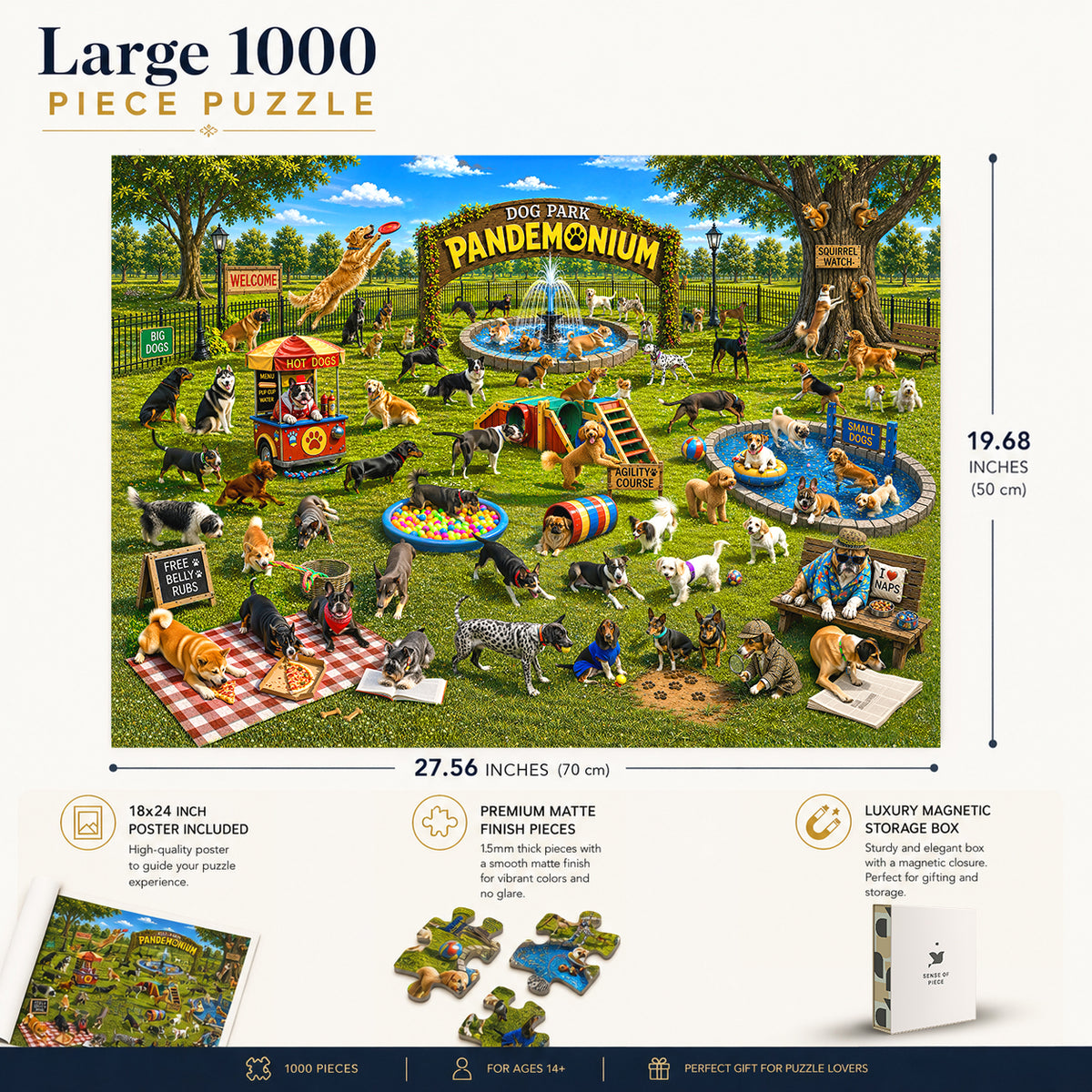 Dog Park puzzle: finished-size and product-feature diagram