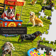 Dog Park puzzle: dogs and food cart with interlocking pieces close-up