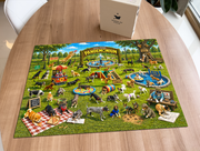 Dog Park puzzle: completed puzzle on wooden table beside its box
