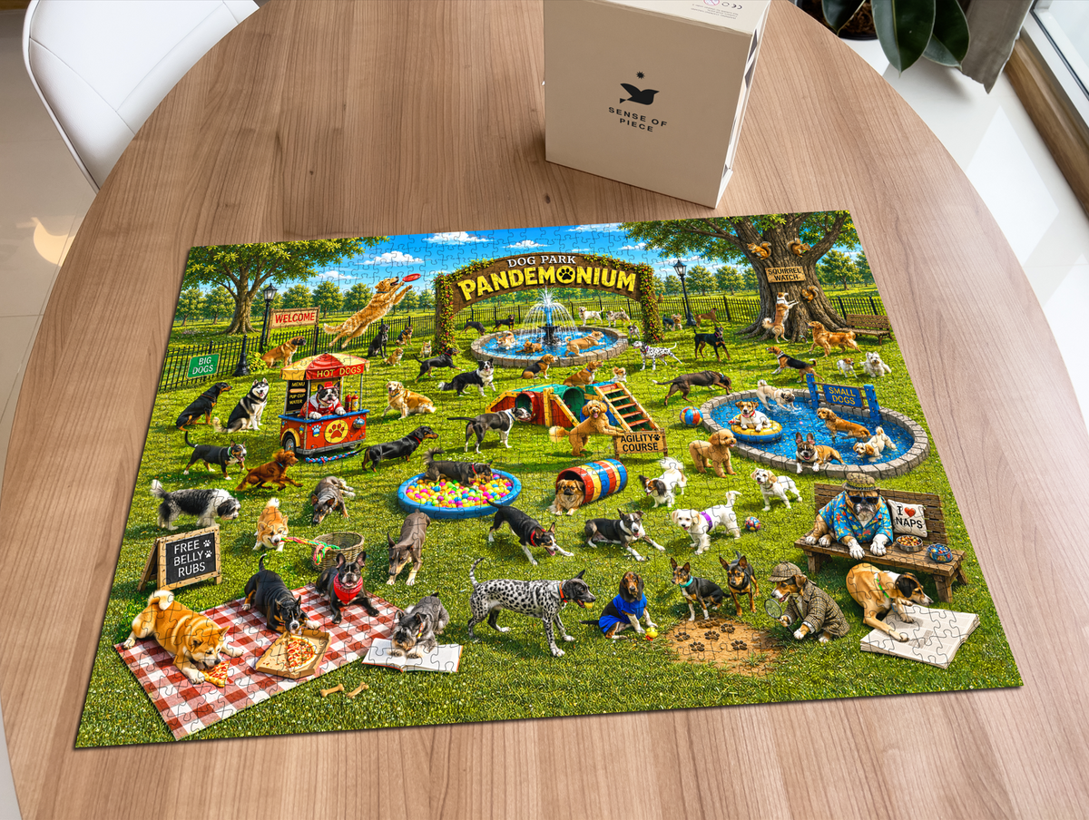 Dog Park puzzle: completed puzzle on wooden table beside its box