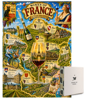French Wine Map puzzle: wine-themed map illustration beside puzzle box