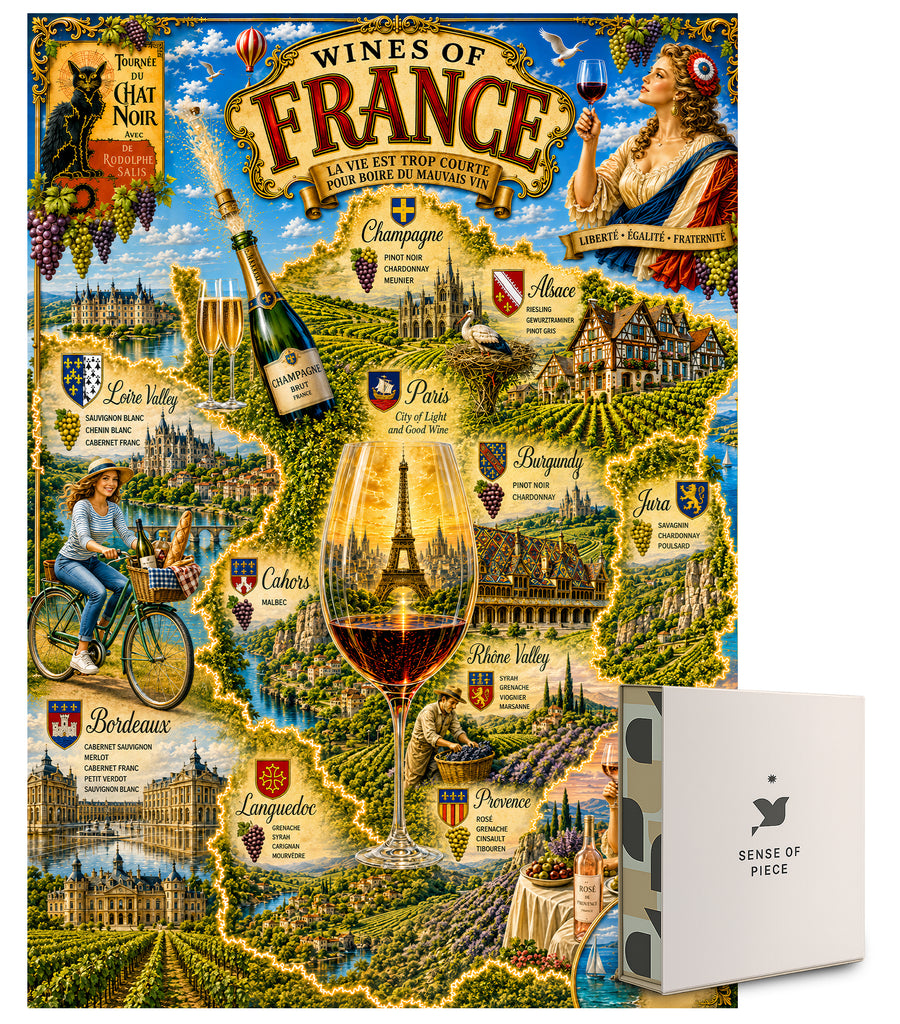 Wines of France Jigsaw Puzzle for Adults 1000 Pieces, French Wine Regions Map with Bordeaux, Burgundy & Champagne, Vintage Paris Travel Art, Wine Lover Gift