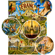 French Wine Map puzzle: collage of wine glasses and illustrated figures