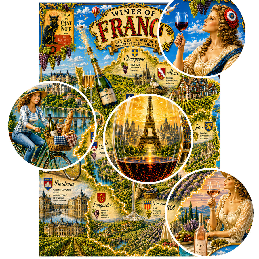 Wines of France Jigsaw Puzzle for Adults 1000 Pieces, French Wine Regions Map with Bordeaux, Burgundy & Champagne, Vintage Paris Travel Art, Wine Lover Gift