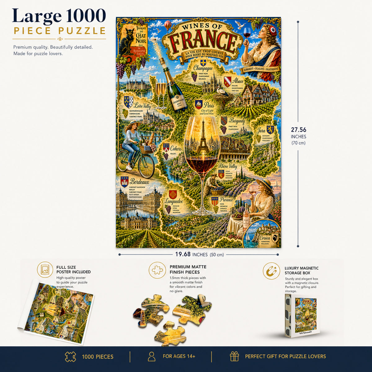 French Wine Map puzzle: finished-size and product-feature diagram