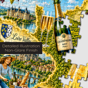 French Wine Map puzzle: bottles and vineyard figure close-up