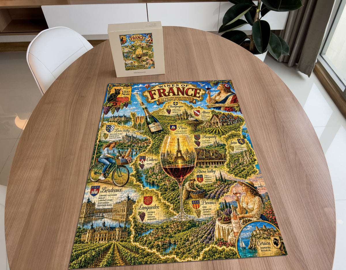 French Wine Map puzzle: completed puzzle on wooden table beside its box