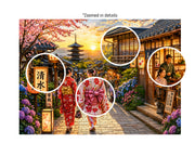 Kyoto Street at Sunset puzzle: collage of street signs, people and buildings