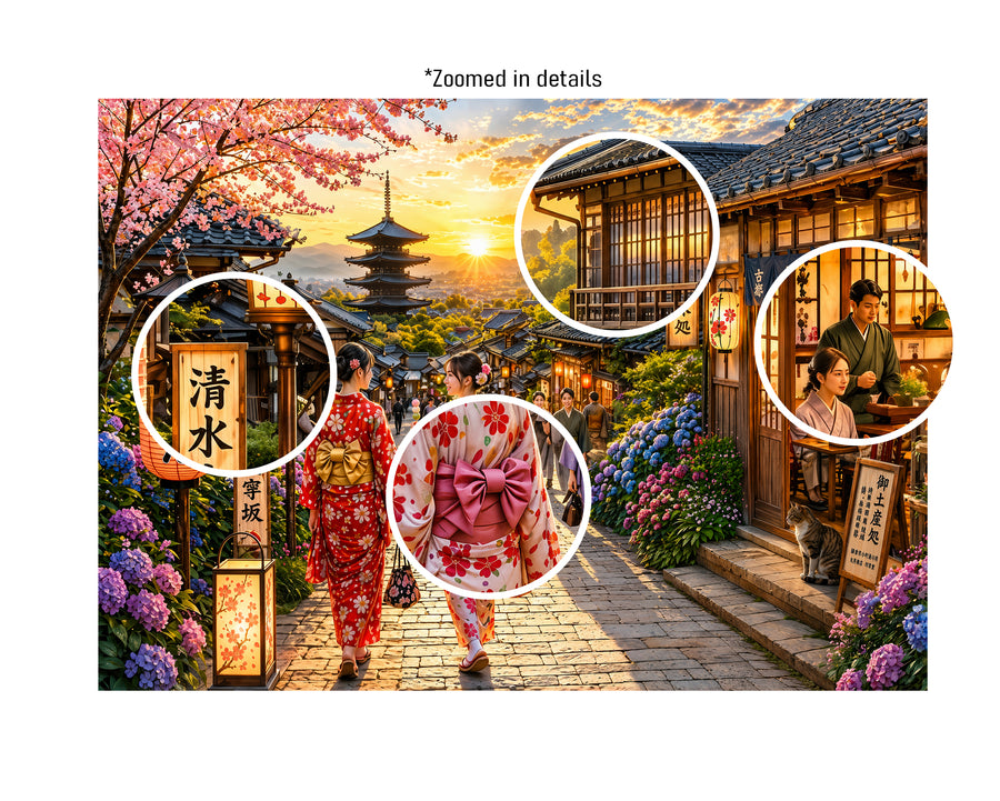 Kyoto Japan Jigsaw Puzzle for Adults 1000 Pieces - Cherry Blossom Street, Pagoda, Kimono Women and Traditional Tea House - Colorful Japanese Landscape Puzzle Gift