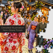Kyoto Street at Sunset puzzle: people and lanterns with interlocking pieces close-up
