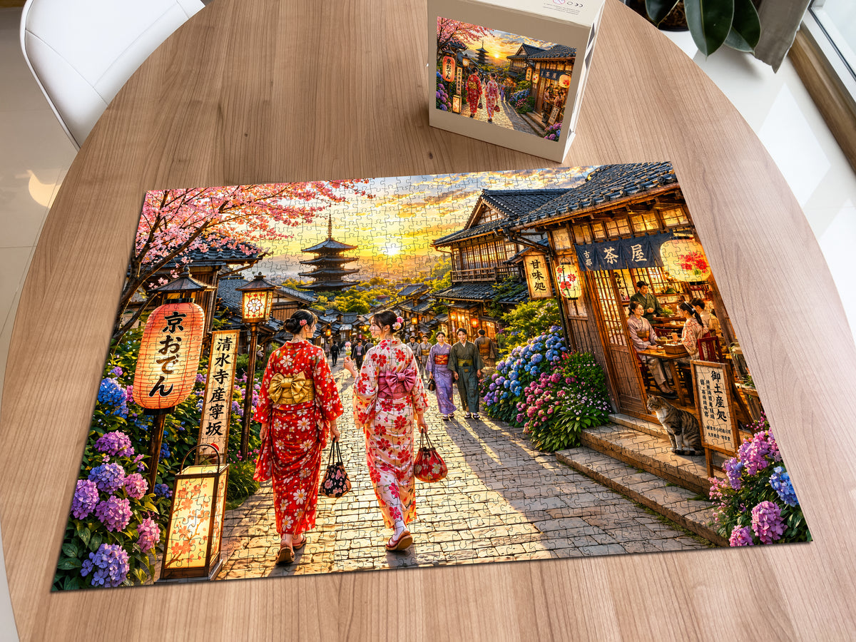 Kyoto Street at Sunset puzzle: completed puzzle on wooden table beside its box