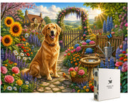 Golden Retriever Flower Garden puzzle: dog in flower garden beside puzzle box