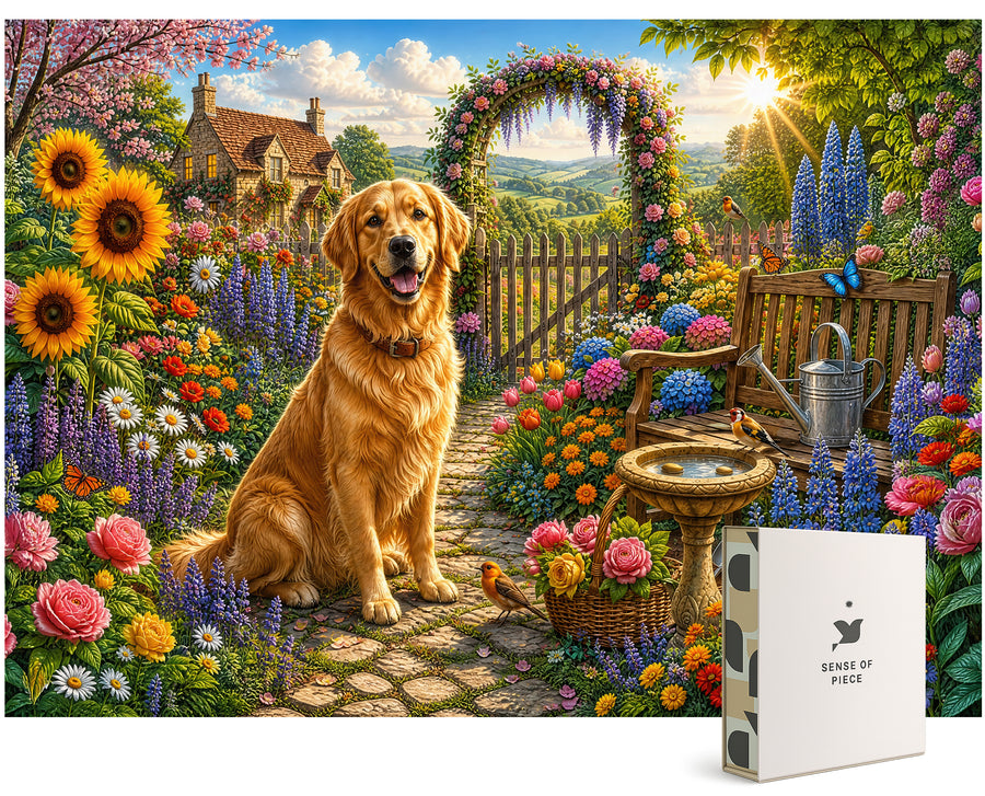 Golden Retriever Garden Jigsaw Puzzle for Adults, 1000 Pieces - Colorful Country Cottage Flowers with Birds and Butterflies, Premium Dog Puzzle Gift with Poster