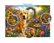 Golden Retriever Flower Garden puzzle: collage of dog, birds and flowers