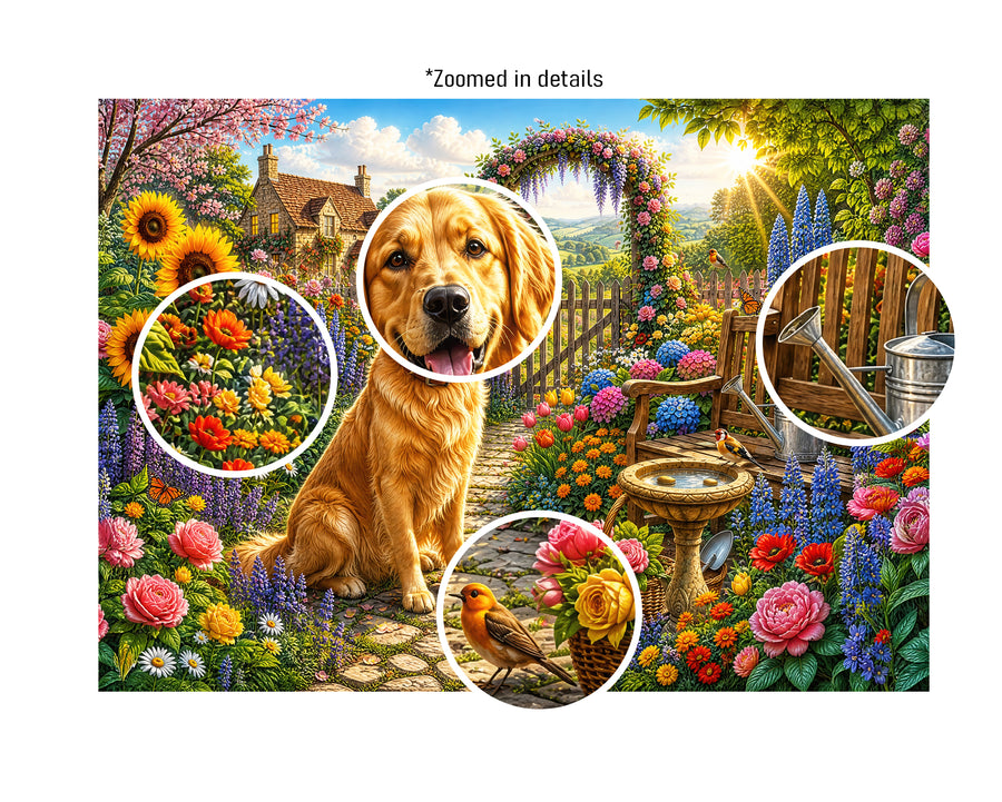 Golden Retriever Garden Jigsaw Puzzle for Adults, 1000 Pieces - Colorful Country Cottage Flowers with Birds and Butterflies, Premium Dog Puzzle Gift with Poster