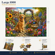 Golden Retriever Flower Garden puzzle: finished-size and product-feature diagram