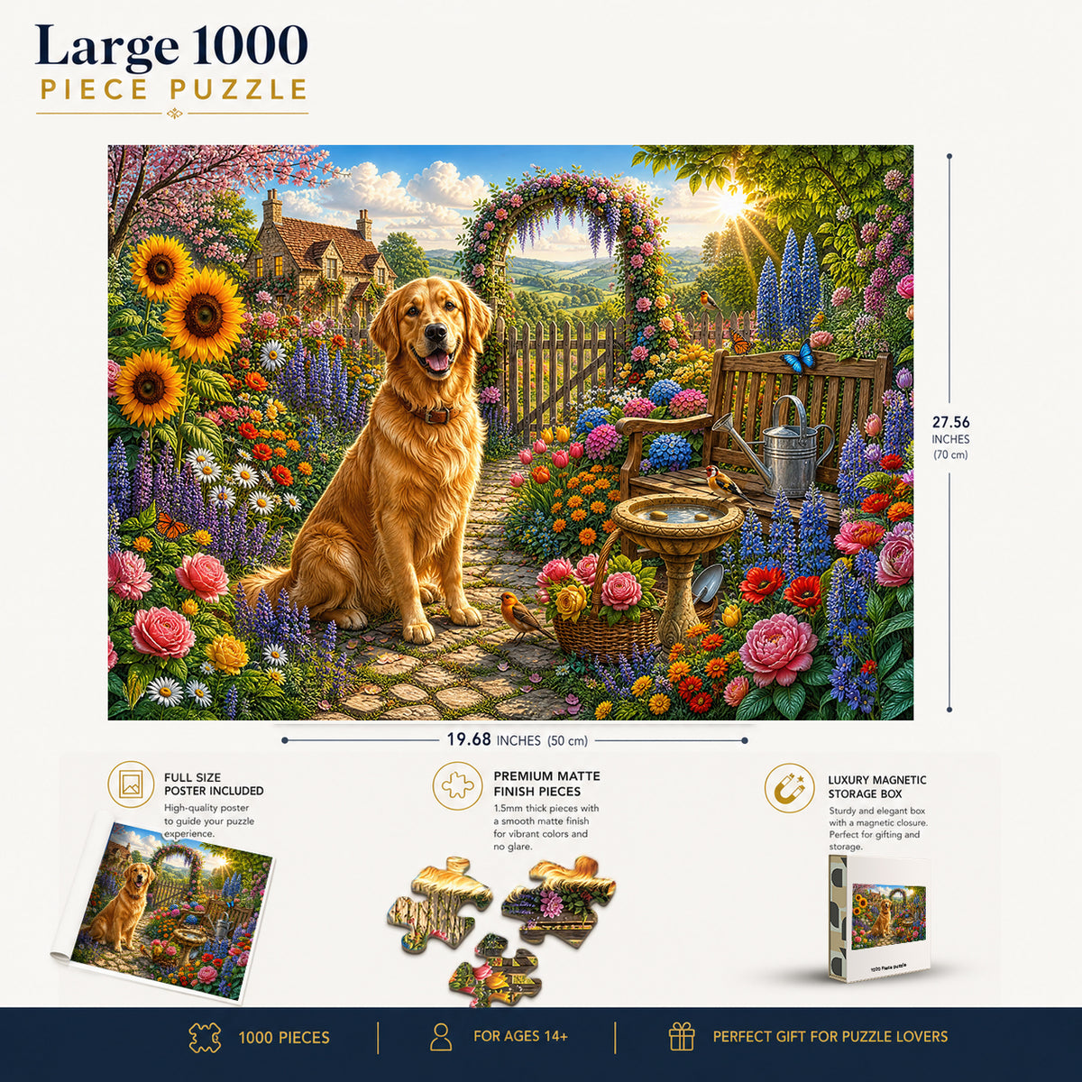 Golden Retriever Flower Garden puzzle: finished-size and product-feature diagram