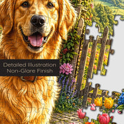 Golden Retriever Flower Garden puzzle: golden retriever face and interlocking pieces close-up