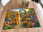 Golden Retriever Flower Garden puzzle: completed puzzle on wooden table beside its box