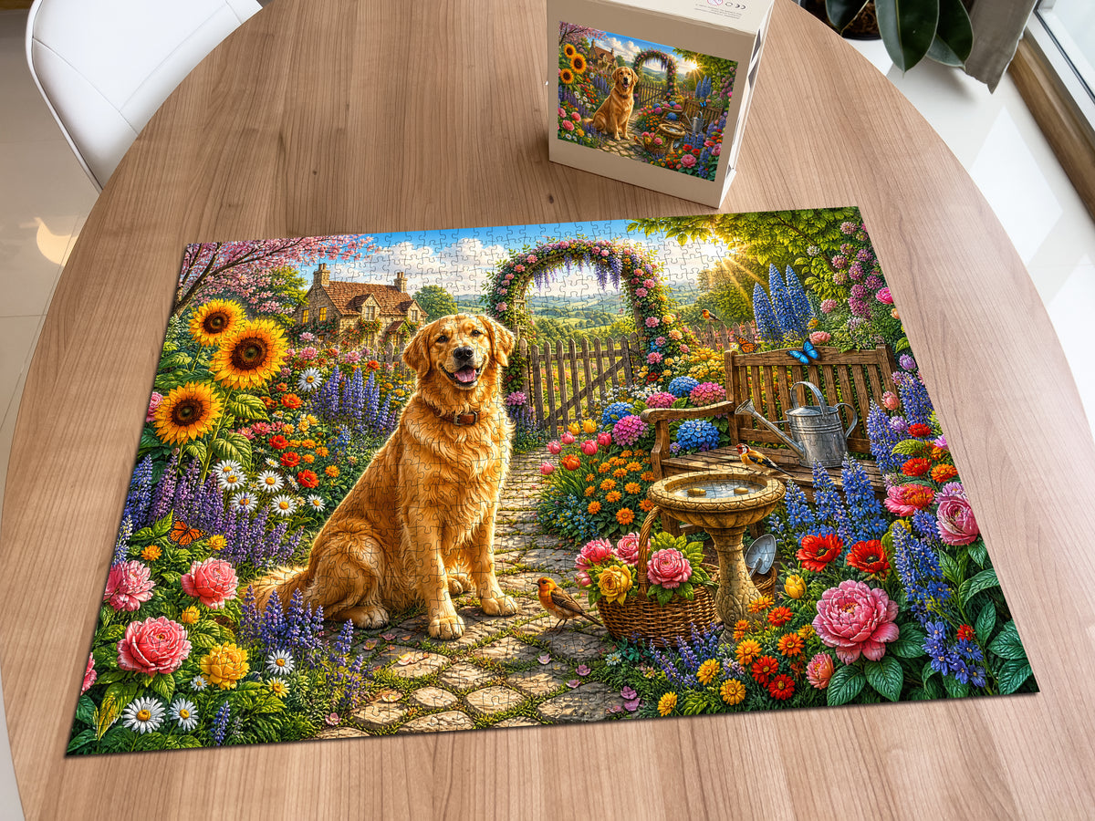 Golden Retriever Flower Garden puzzle: completed puzzle on wooden table beside its box