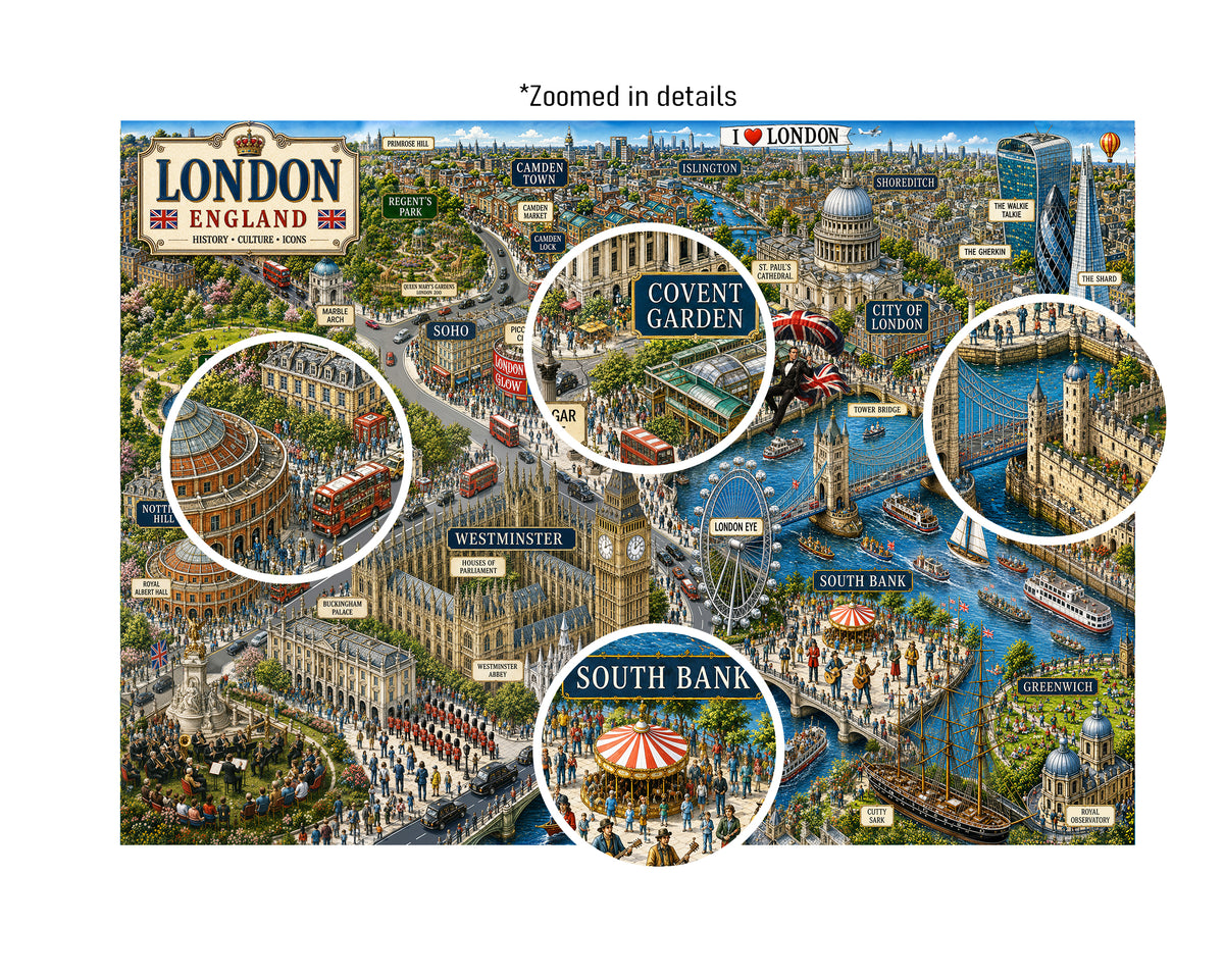 London Illustrated Map puzzle: collage of city landmarks and labels