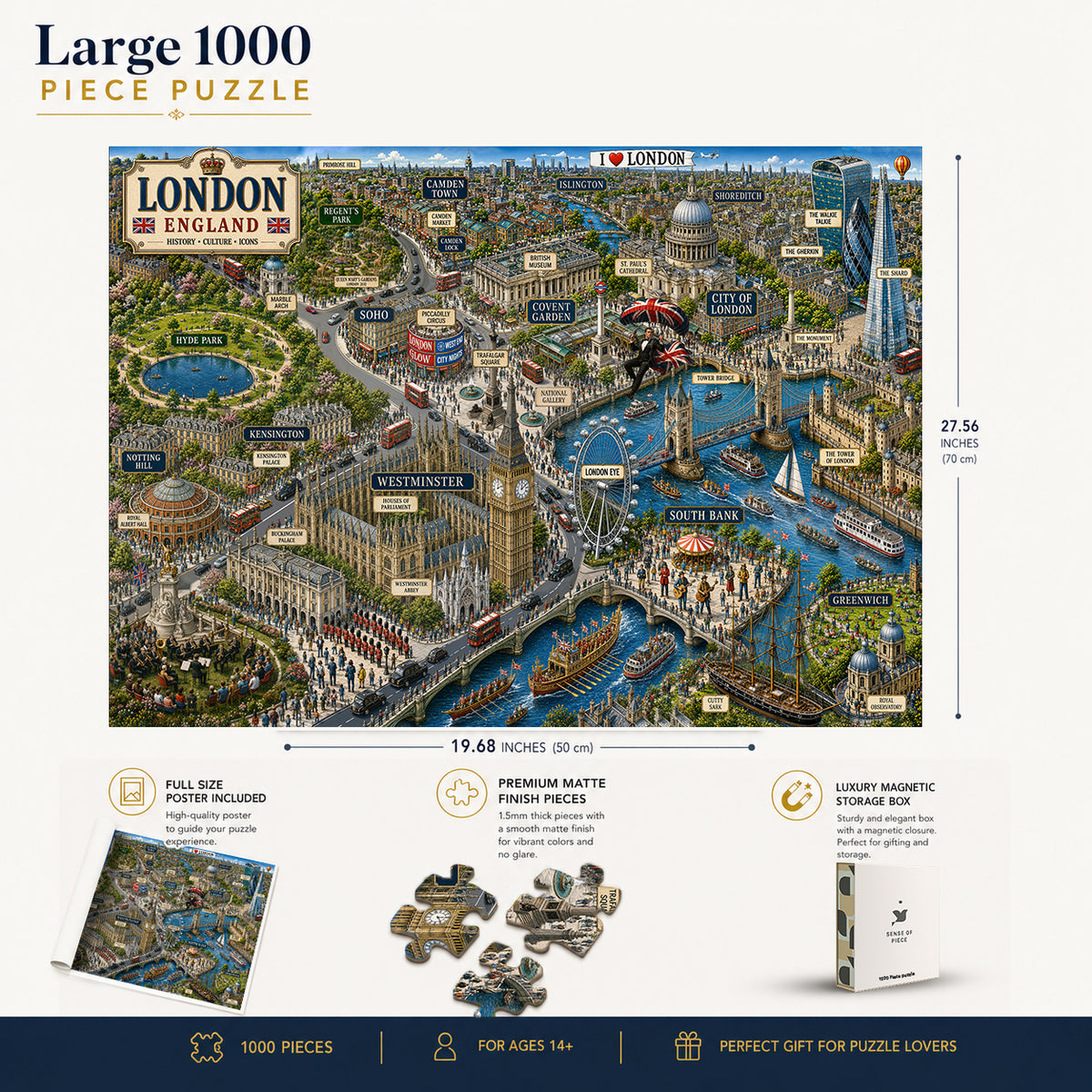 London Illustrated Map puzzle: finished-size and product-feature diagram