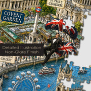 London Illustrated Map puzzle: city figures, bridge and river close-up