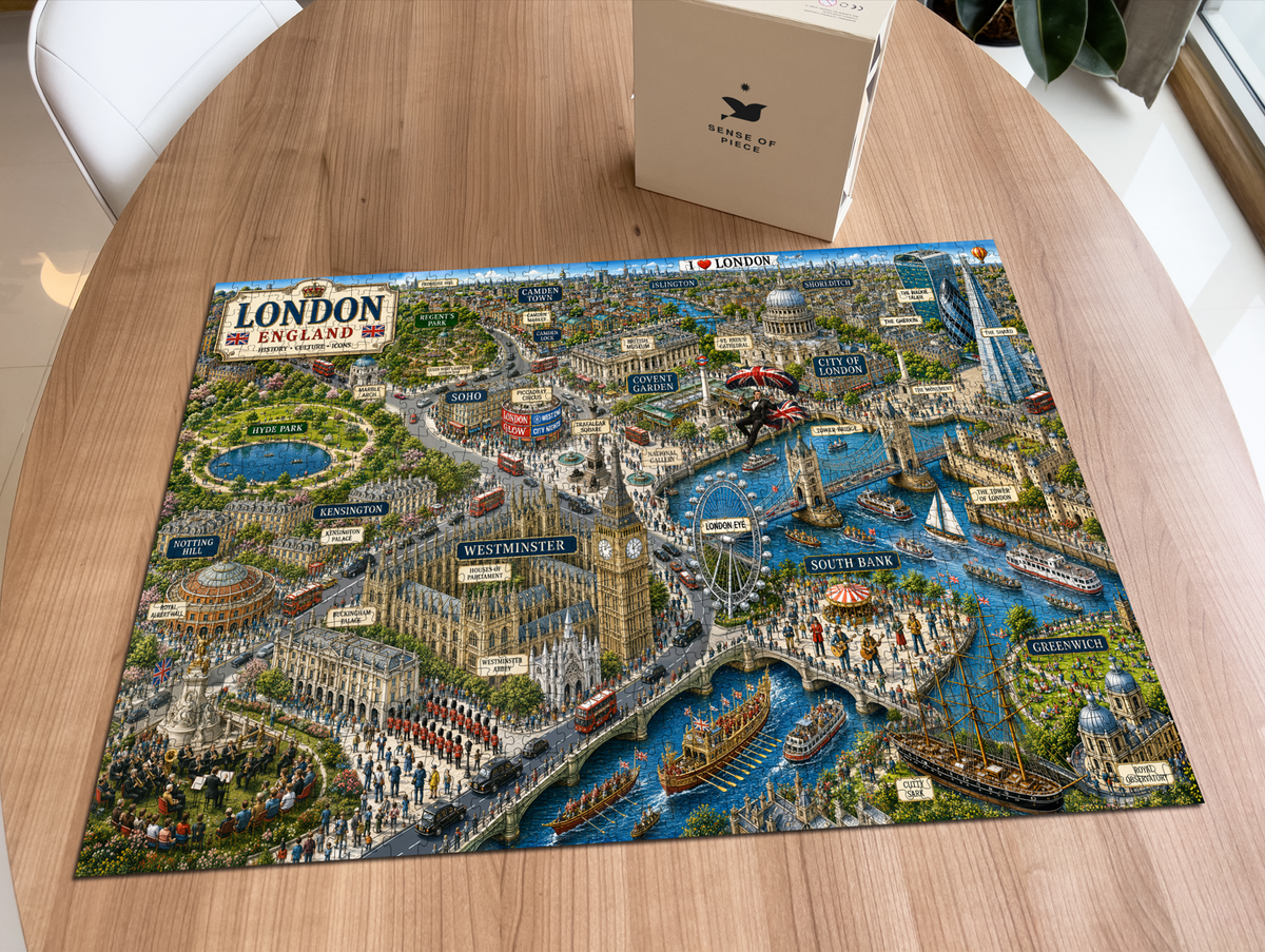 London Illustrated Map puzzle: completed puzzle on wooden table beside its box