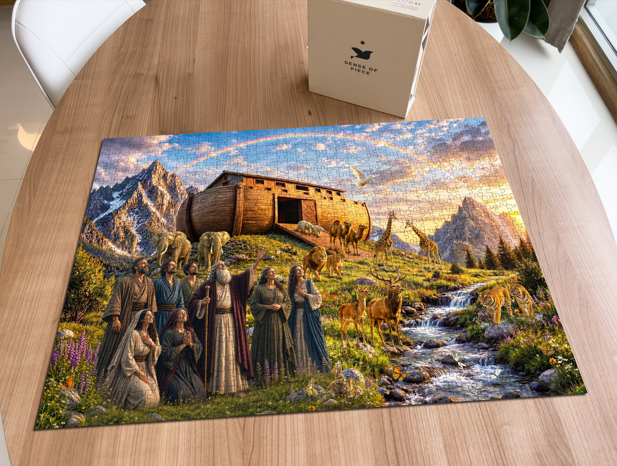 Noah's Ark Rainbow puzzle: completed puzzle on wooden table beside its box
