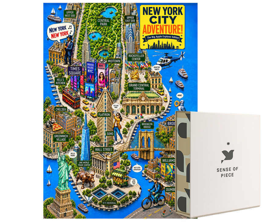 New York City Adventure Jigsaw Puzzle 1000 Piece for Adults - Colorful Illustrated NYC Map Puzzle with Manhattan, Brooklyn, Landmarks & Travel Poster Art, 50 x 70 cm