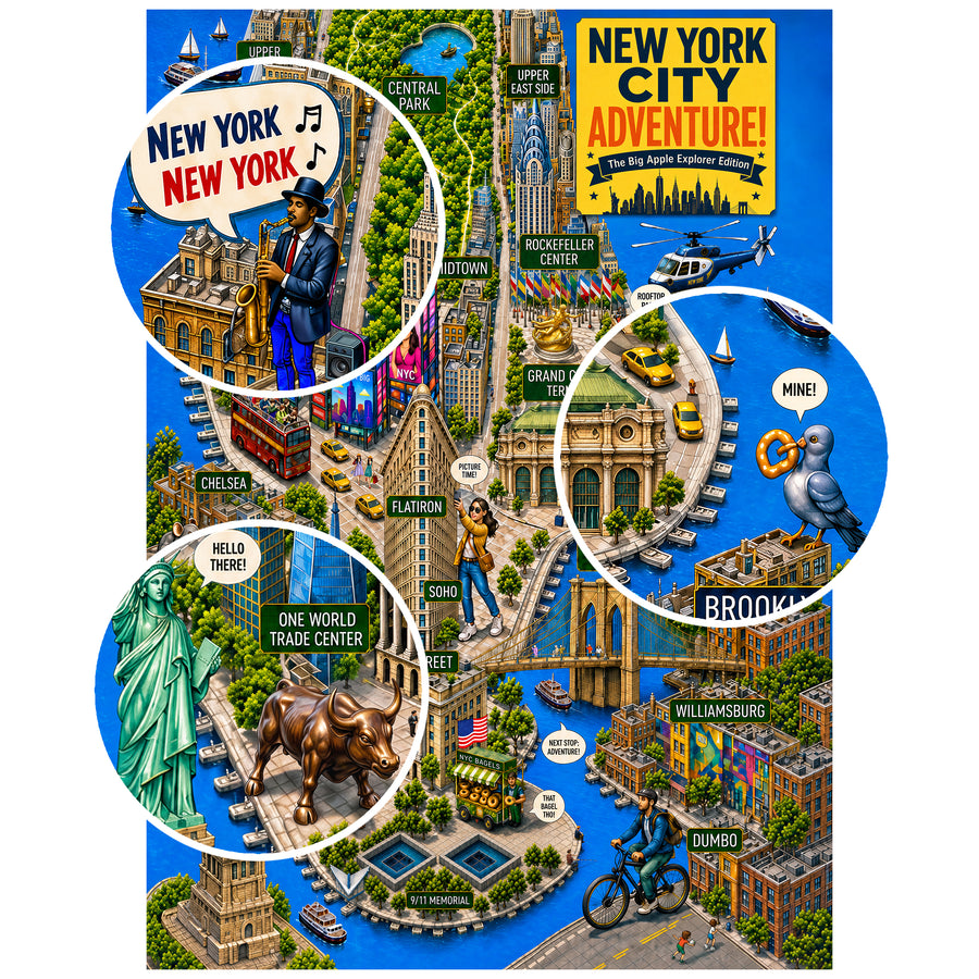 New York City Adventure Jigsaw Puzzle 1000 Piece for Adults - Colorful Illustrated NYC Map Puzzle with Manhattan, Brooklyn, Landmarks & Travel Poster Art, 50 x 70 cm