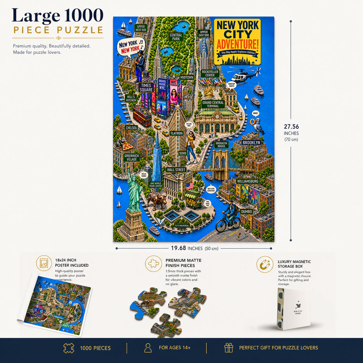 New York City Adventure Map puzzle: finished-size and product-feature diagram