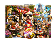 French Bulldog Paris Cafe Red Scooter puzzle: detail collage of dogs, pastries and cafe