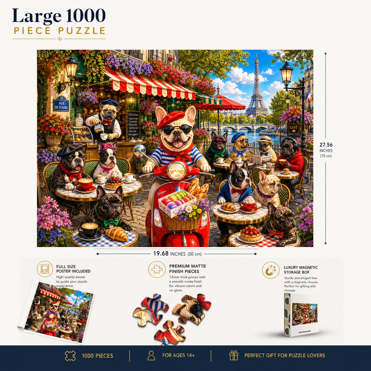 French Bulldog Paris Cafe Red Scooter puzzle: finished-size and product-feature diagram